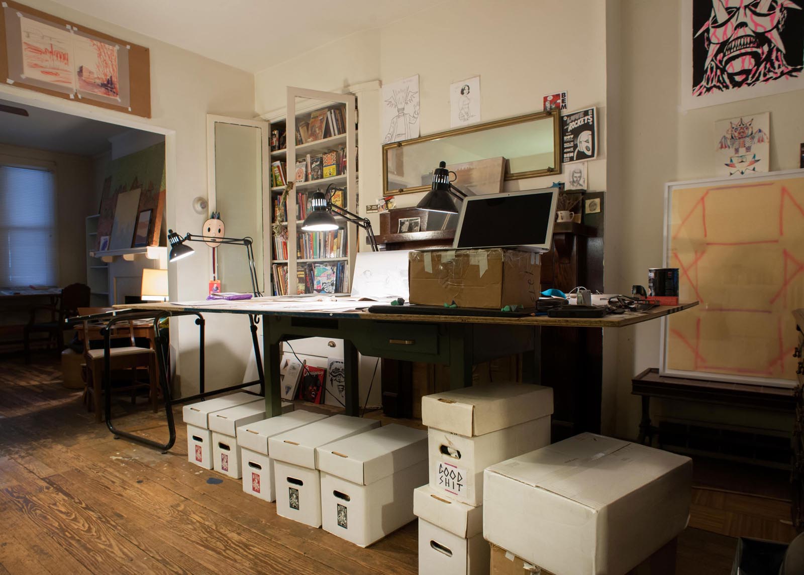 A picture of Frank Santoros drawing desk in his studio