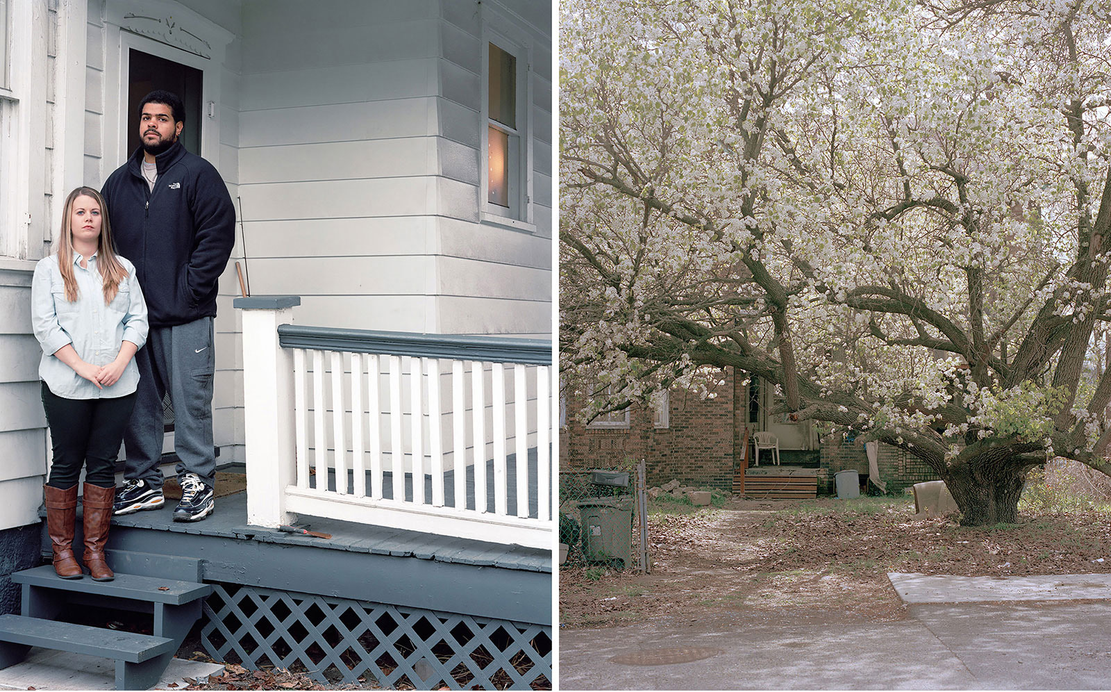 Left, a couple outside on their porch, right, a photo of a porch on a house