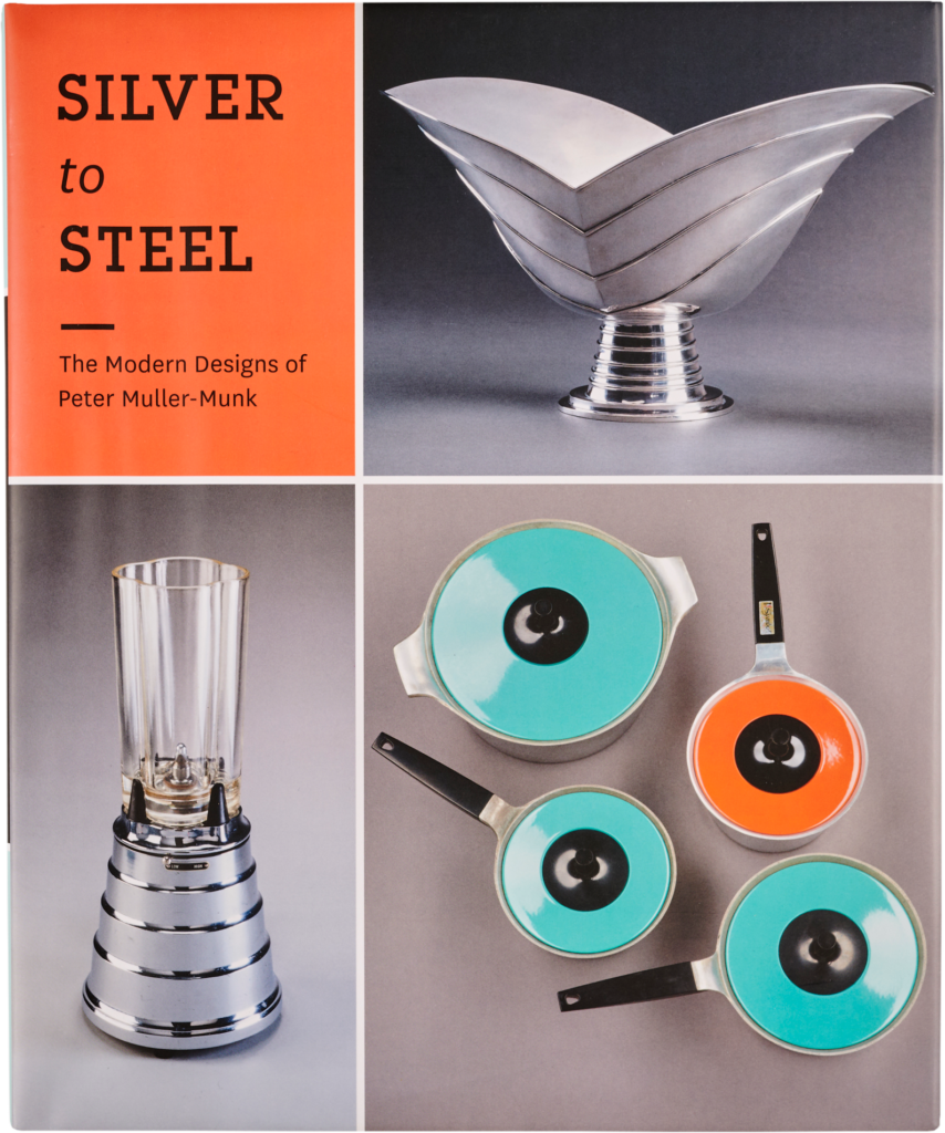 Blue, orange and silver book cover titled Silver to Steel, the Modern Deigns of Peter Muller-Munk