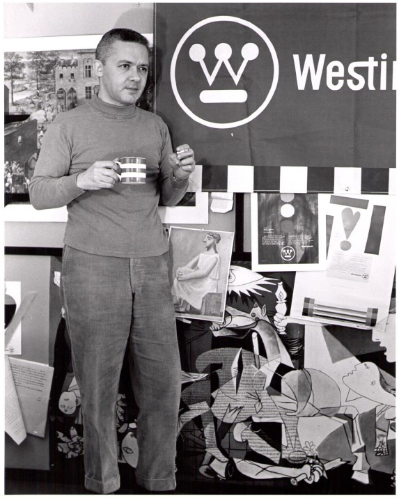 A casual man holding a mug in conversation; behind him, the Westinghouse logo and scattered projects.