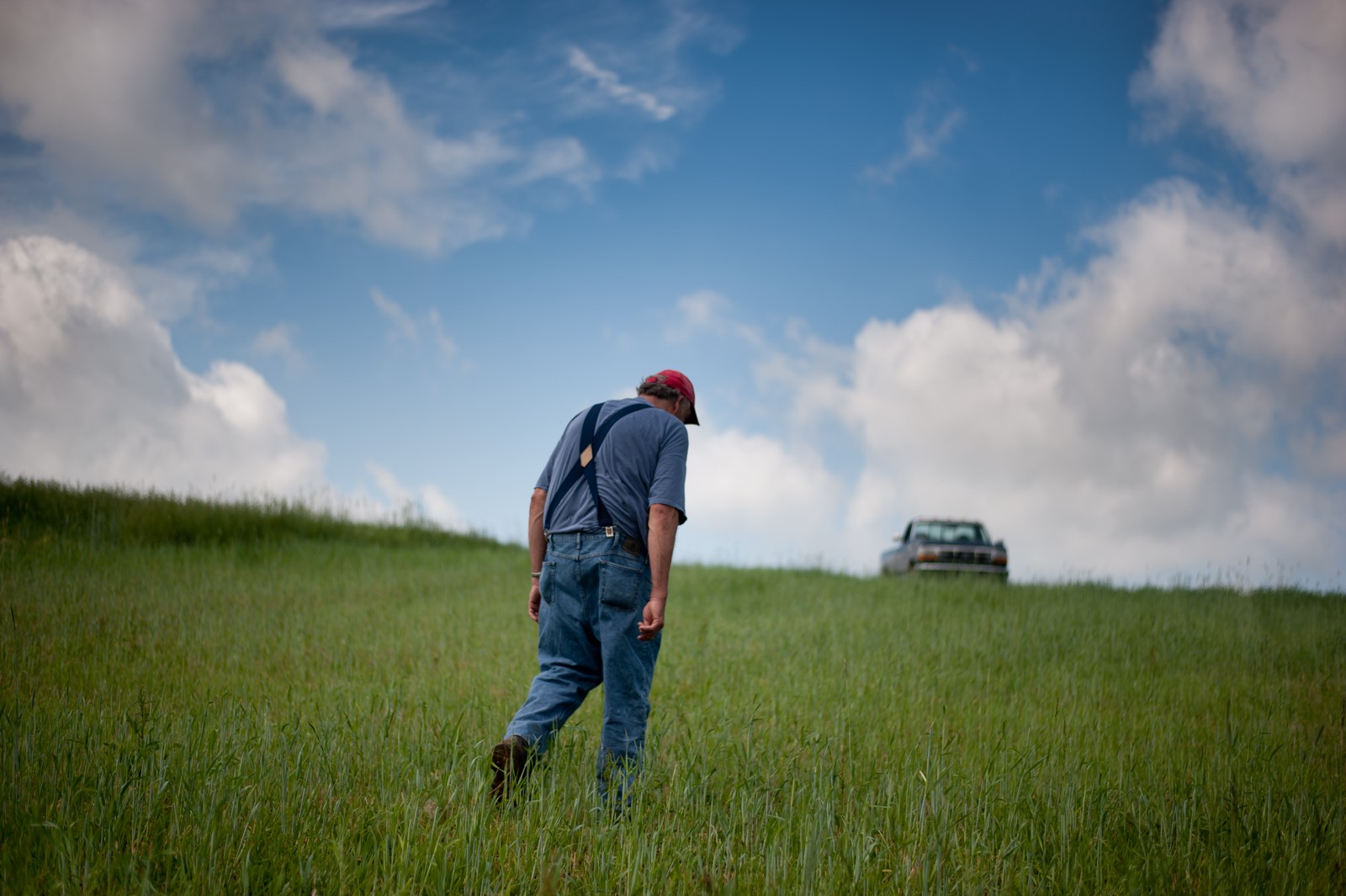 An older man in overalls walks through a grass field back to his truck.