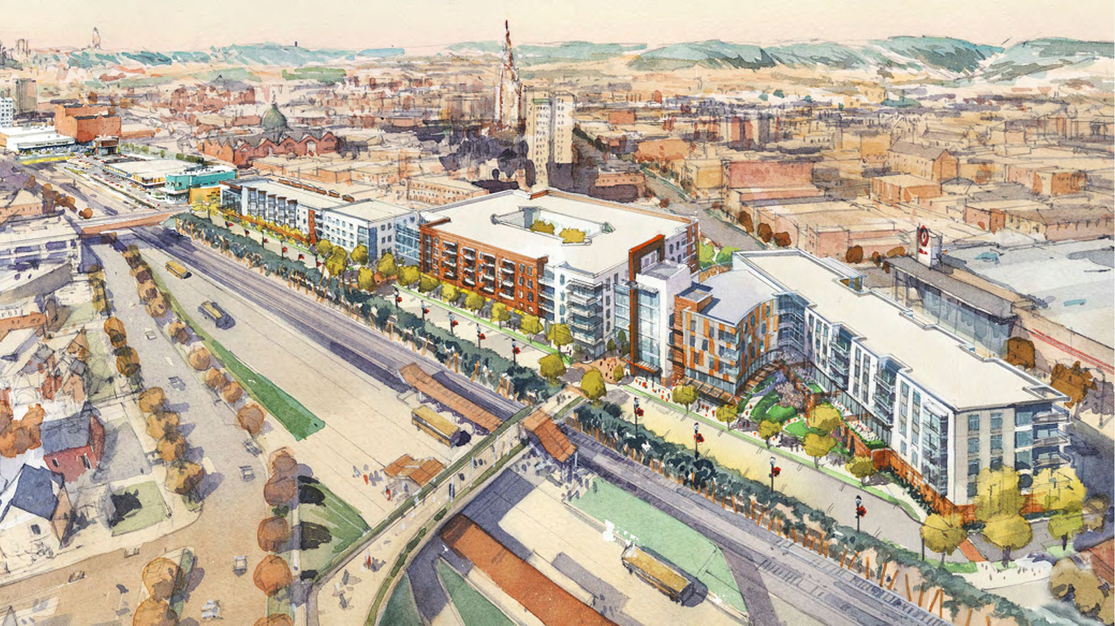 Aerial-view rendering of Pittsburgh's East Liberty.