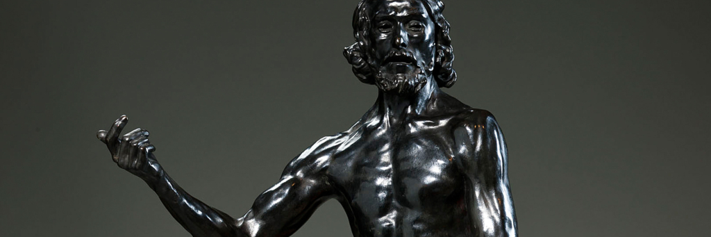 Polished bronze male figure, thin, nude, arm bend upwards