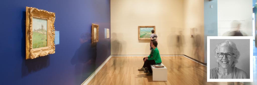 Image of author Beverly Serrell on a larger image of people viewing art in a gallery