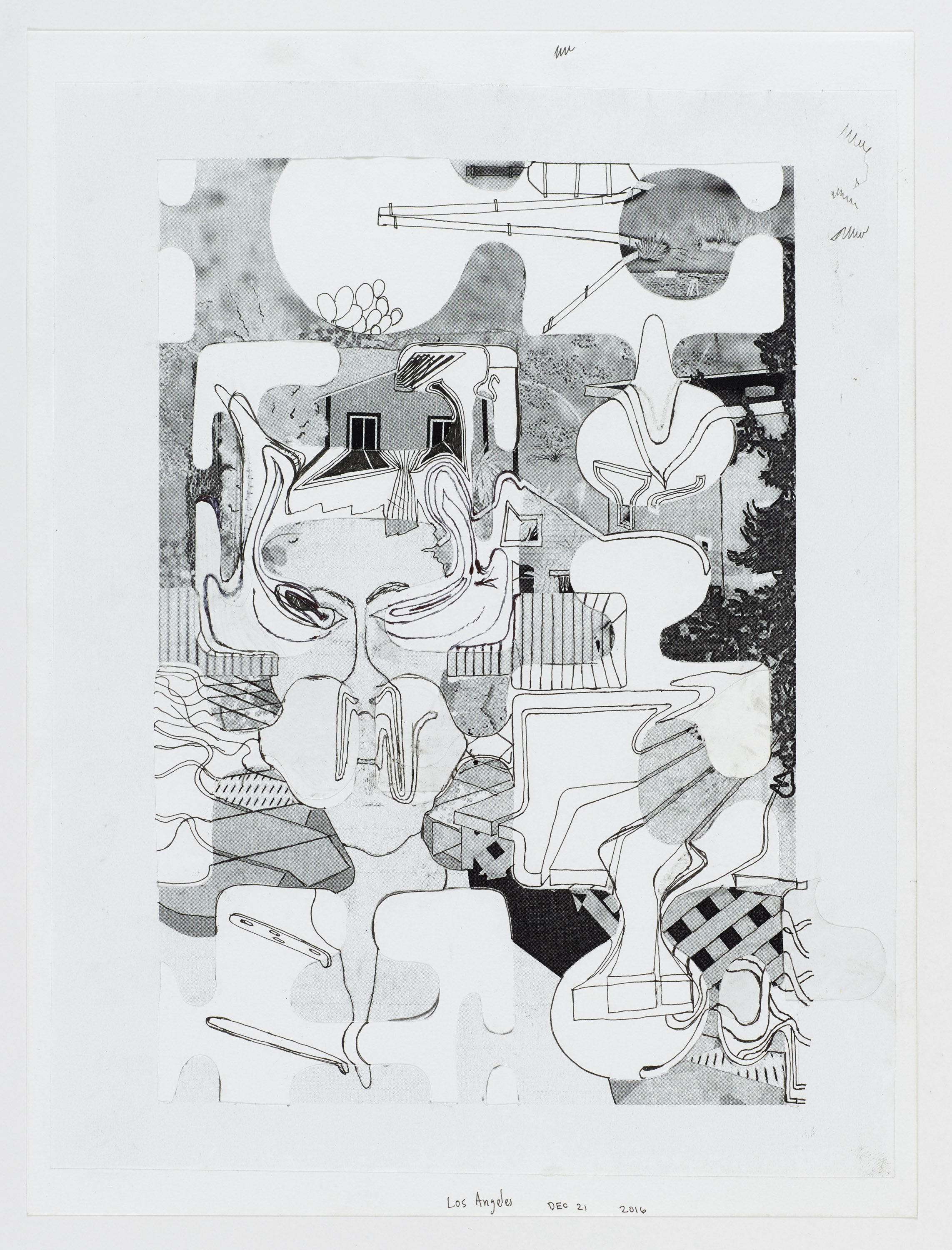 Michael Williams, “untitled puzzle drawing,” 2016, ink and photocopy collage on paper, 12 x 9 in., Courtesy of the artist; CANADA, New York; Gladstone Gallery, New York and Brussels; and Galerie Eva Presenhuber, Zurich, © Michael Williams