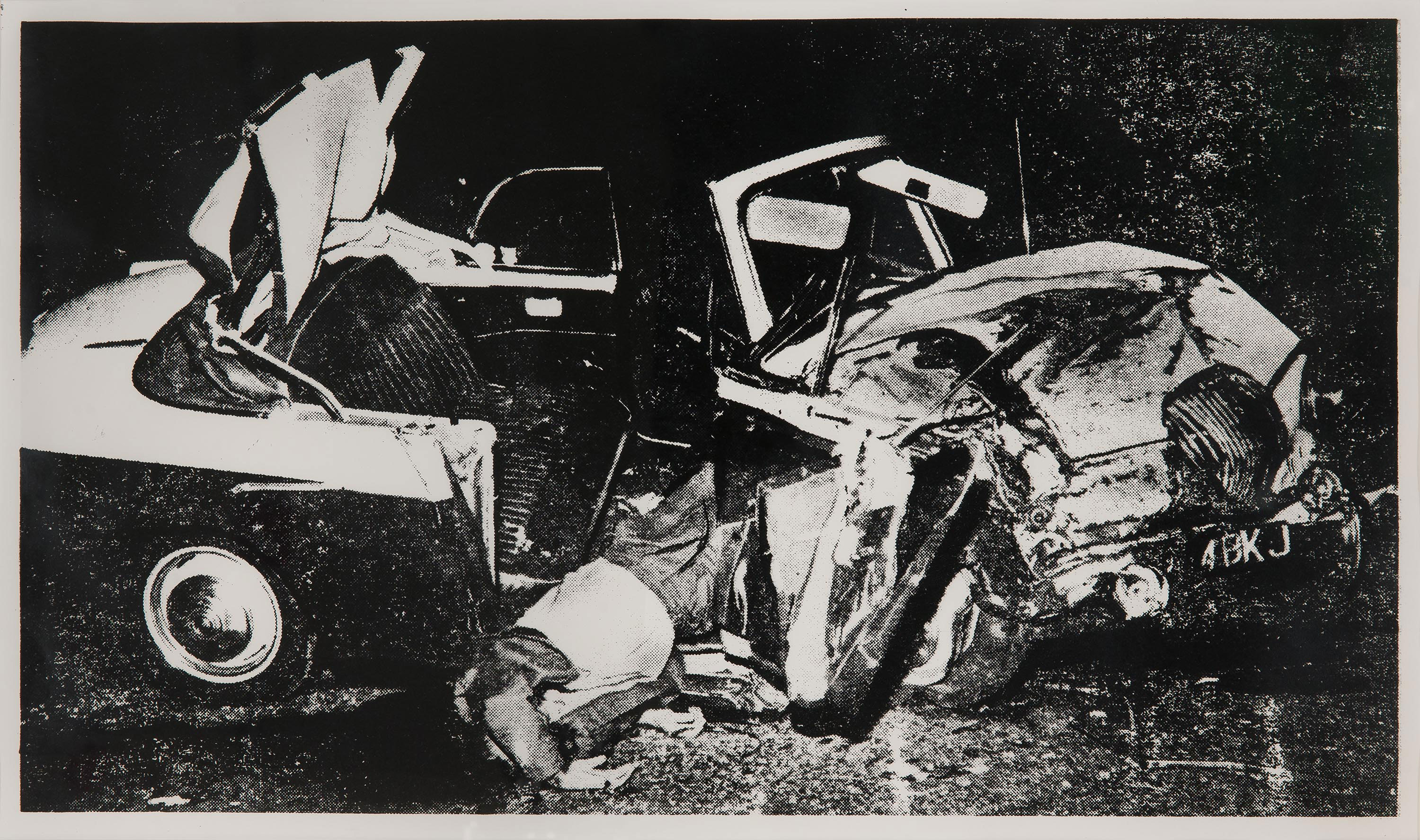 A black and white screenprint of a car crash.