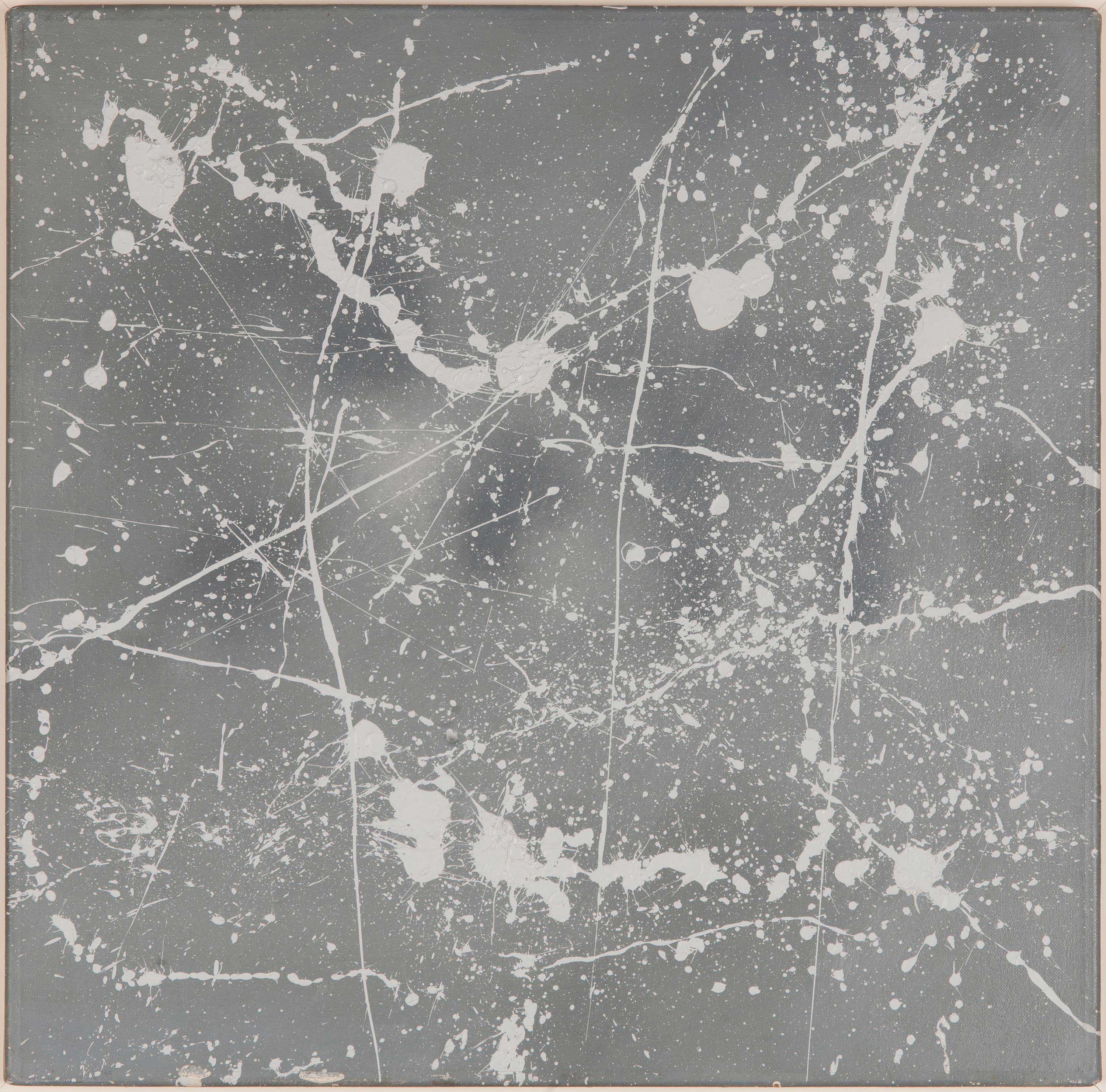 An abstract painting of random white splatters on a black background.