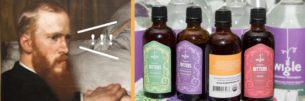 Promotional images of bottles of bitters advertising an event titled Craft Night DIY Bitters with Wigle