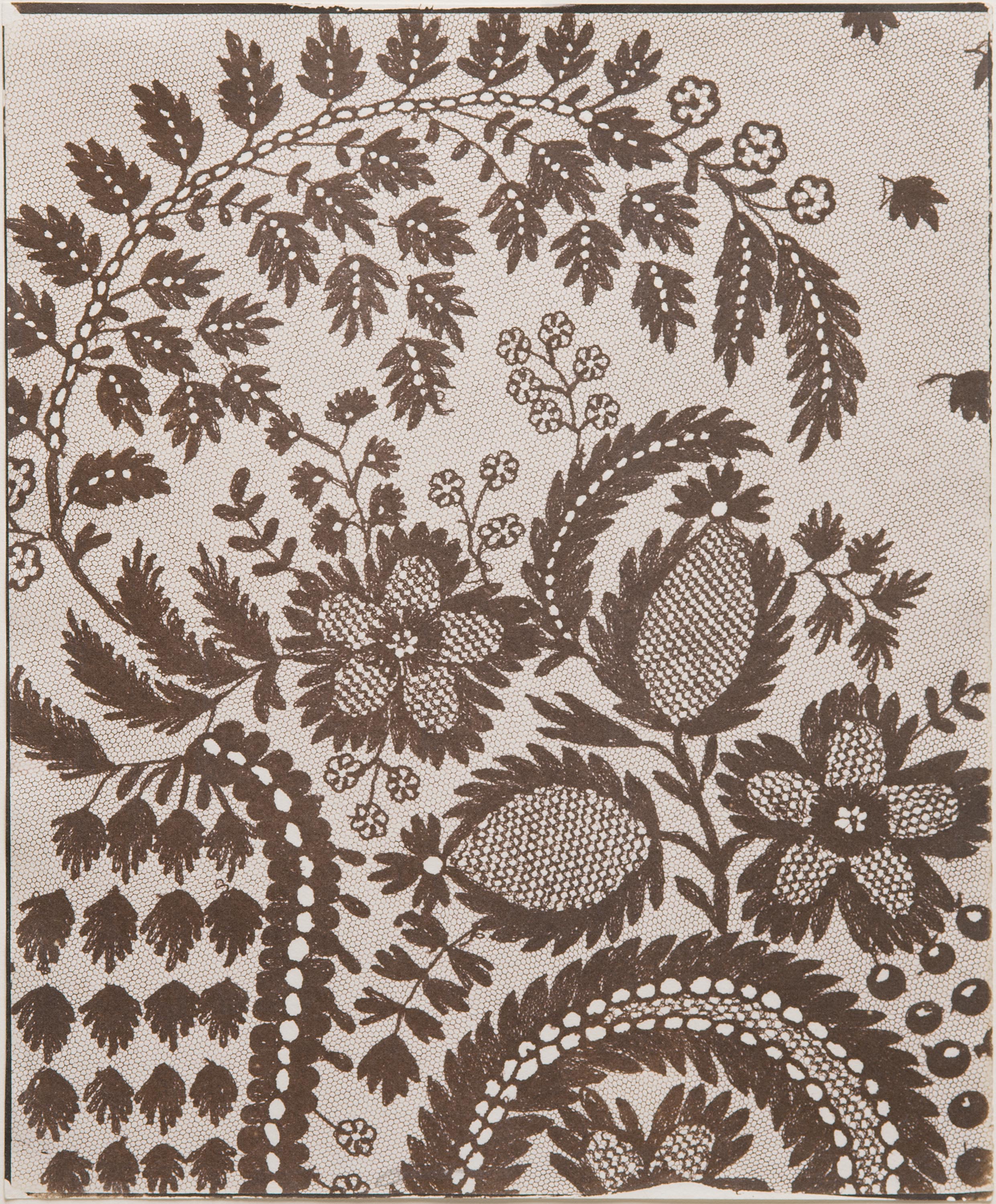 Close-up view of lace patterns, composed of botanical patterns, leaves, flowers, sheaves of grain twisting around one another