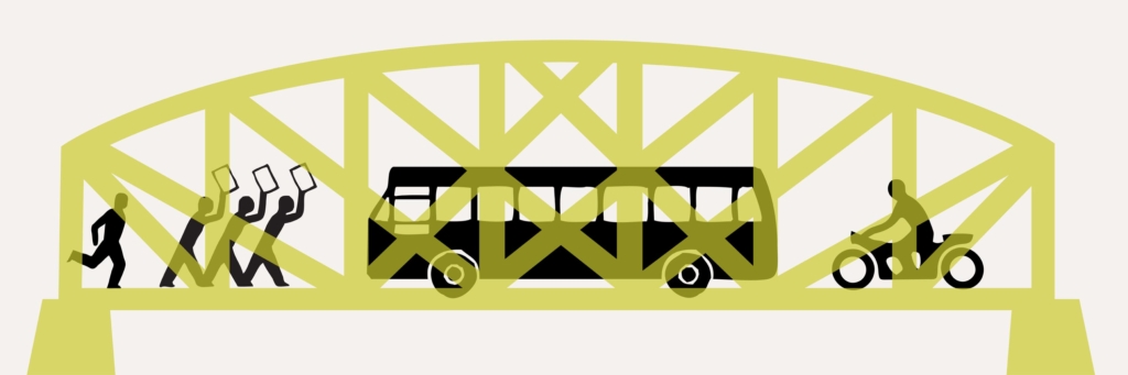 Graphic featuring a bridge with pedestrians, a bus, and a cyclist.