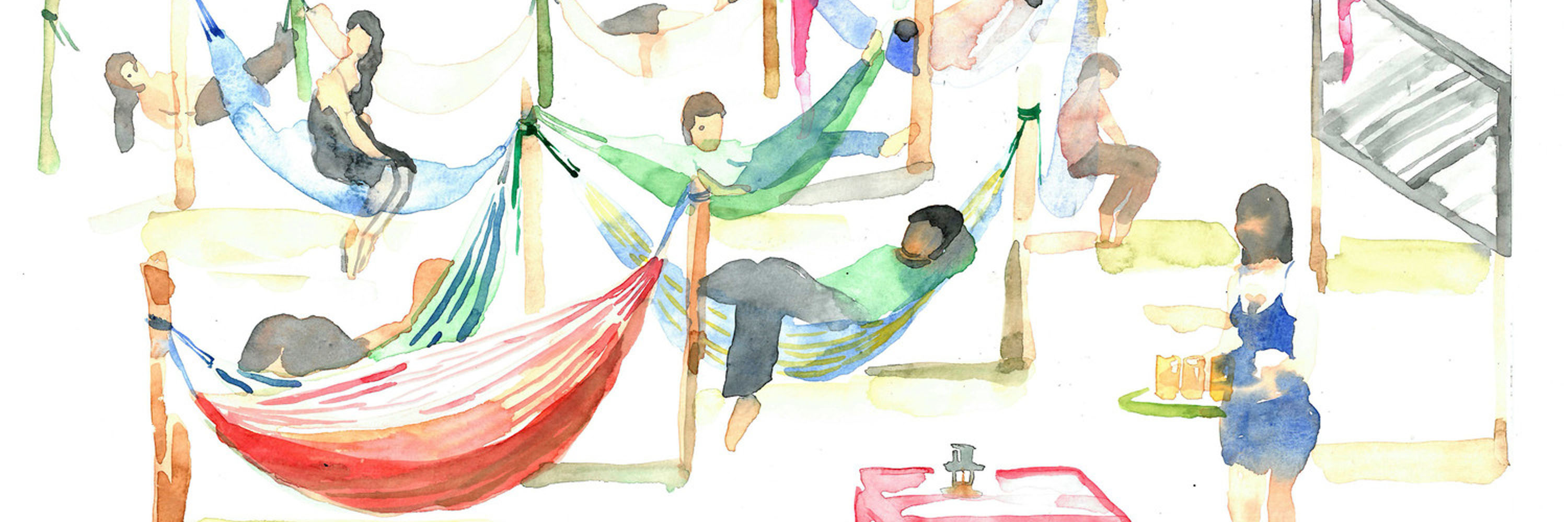 Watercolor painting: people lounging in hammocks being served coffee