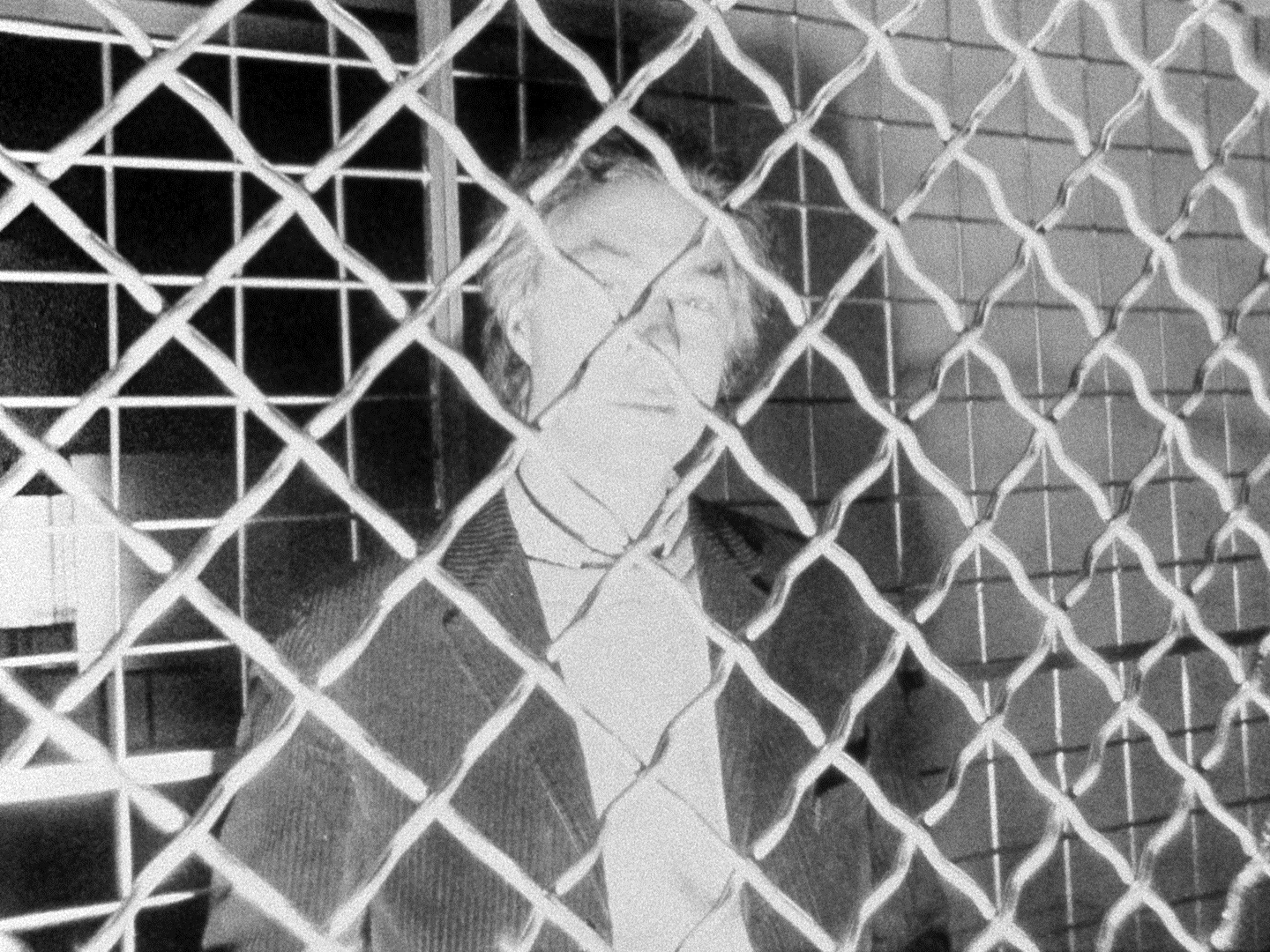 An over-exposed image of a man standing between mesh screens. A strong light turns much of his face into a pale blur.