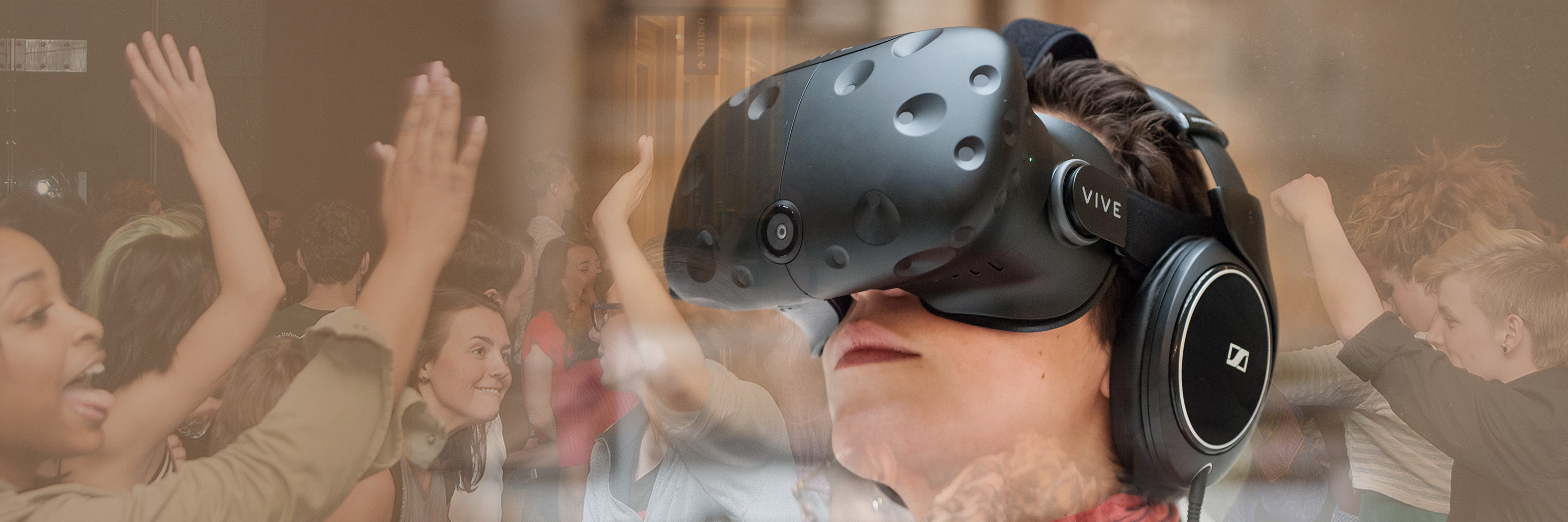 A person wearing Virtual Reality headgear