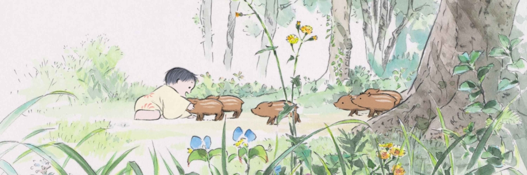 A small boy crawls on the forest floor with a few small piglet creatures.