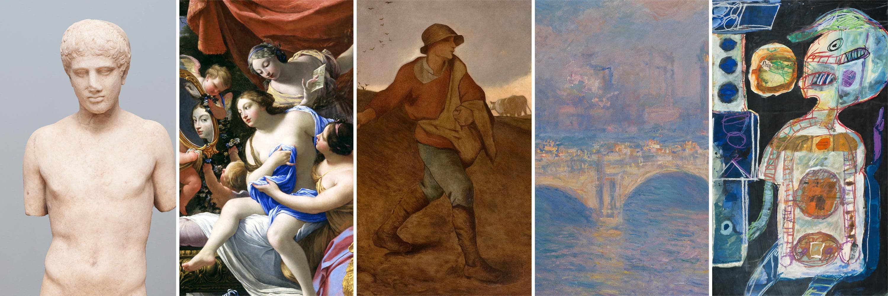 Five images, from left to right: the marble bust of a young man, a group of women and cherubs looking into a mirror, a person sowing seeds on a field, a hazy but colorful bridge with a city in the background, and a colorful face next to geometric shapes and lines.