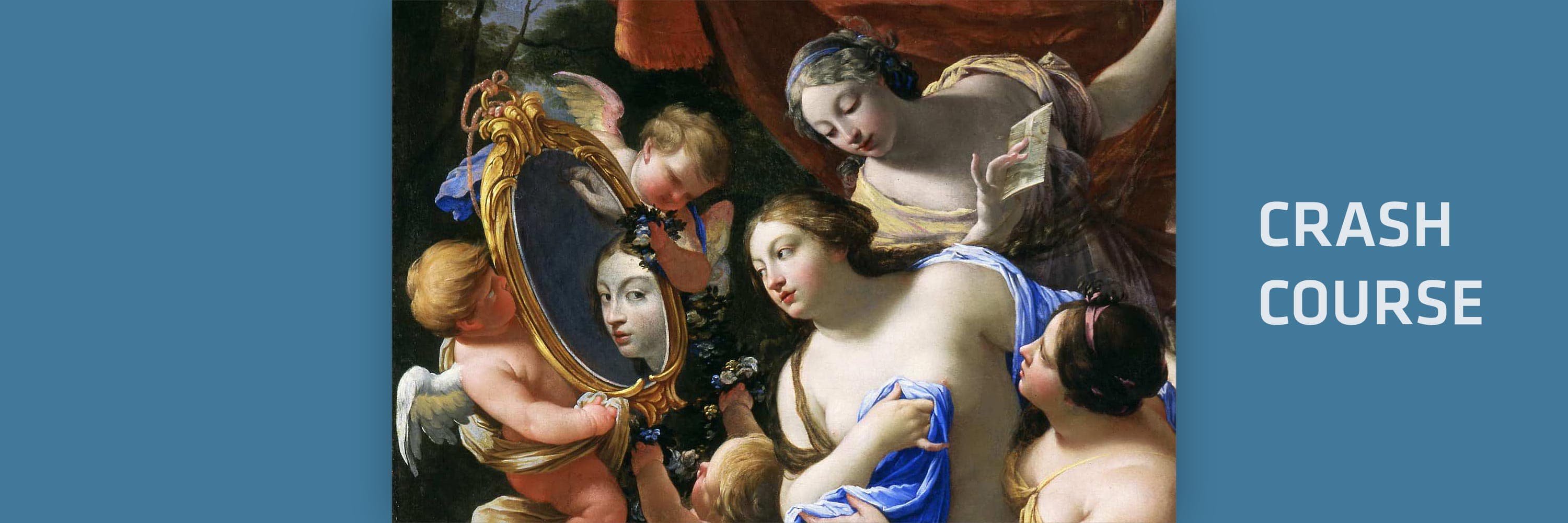 A group of women and cherubs looking into a mirror, next to the words "Crash Course"