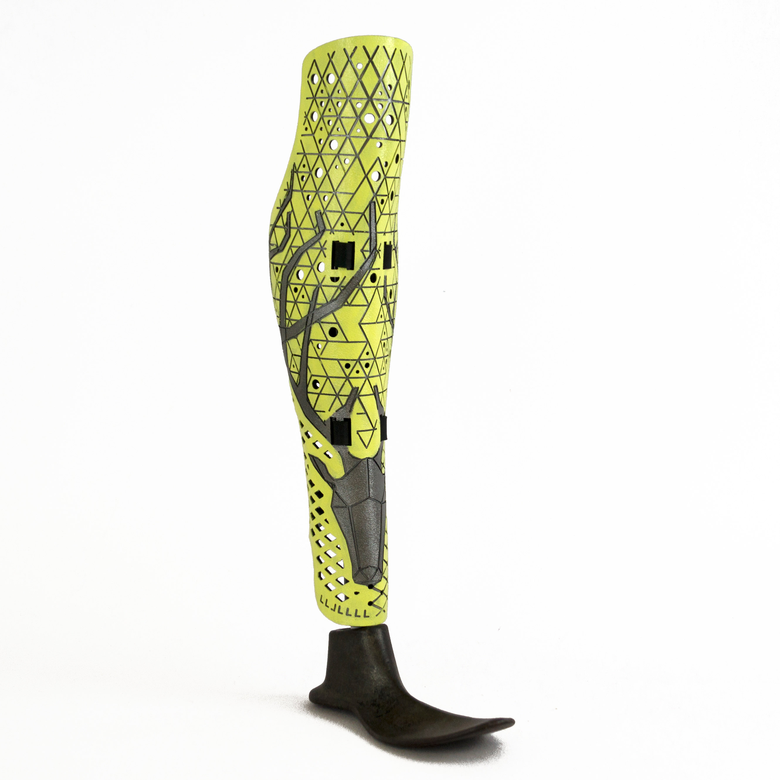 Neon, patterned cover for a prosthetic leg.