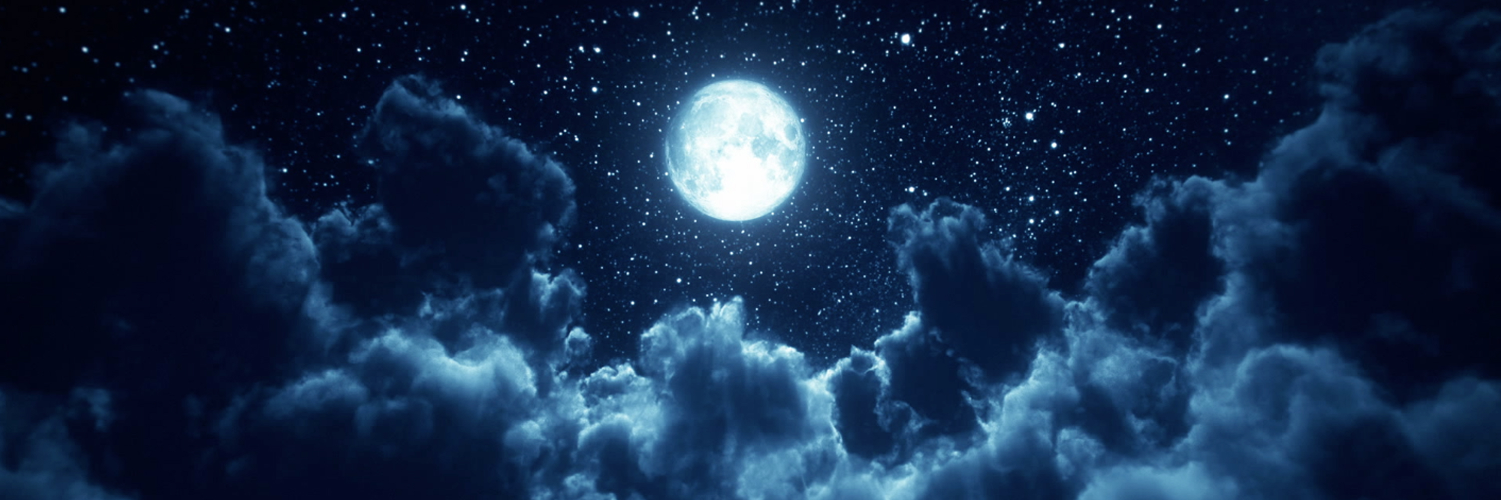 A glowing moon rises over a floor of clouds, surrounded by stars.