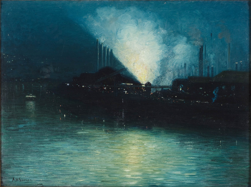 A dark and hazy painting of a mill overlooking a river.