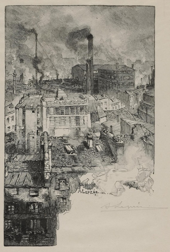 A smoky portrayal of a city, showing industrial fog and the tops of densely crowded buildings.