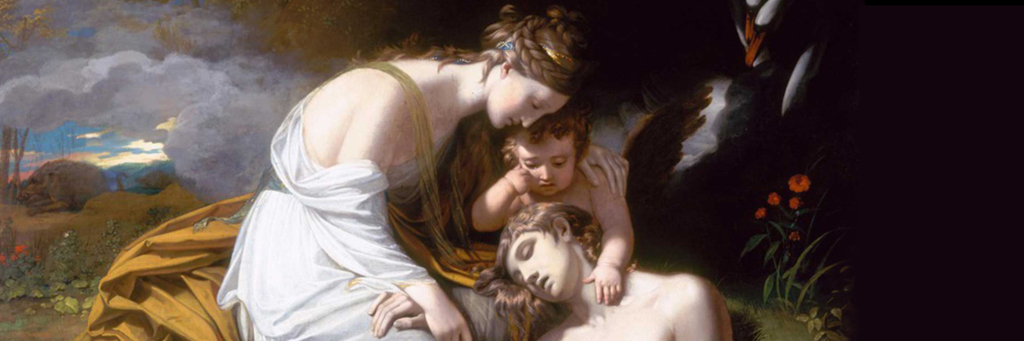 A painting of a person holding another person who has died, with a child looking on