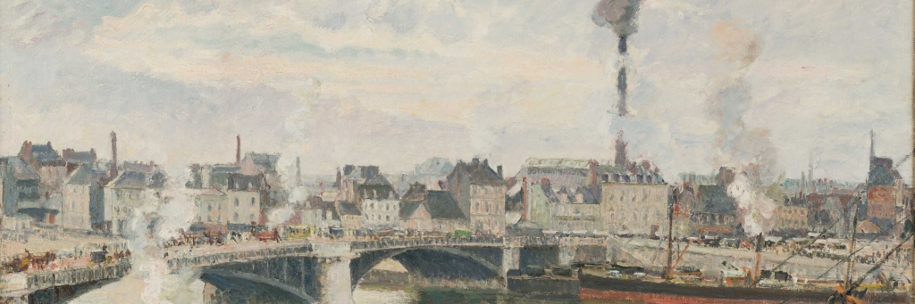 A hazy painting of a large bridge over a river, houses in the background, and smoke.