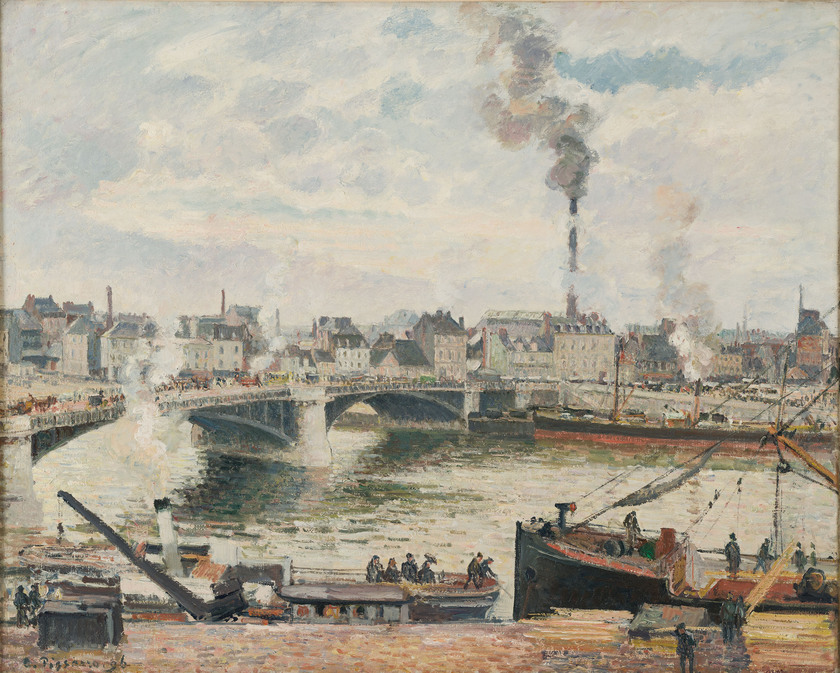 A hazy painting of a large bridge over a river, houses in the background, and smoke.