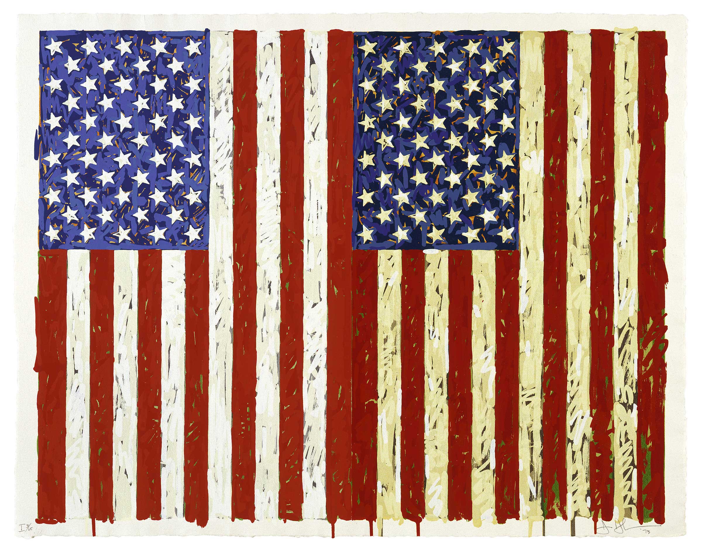 Two American Jasper Johns flags side by side, the left one brighter and cleaner, and the right one dingier and yellowed