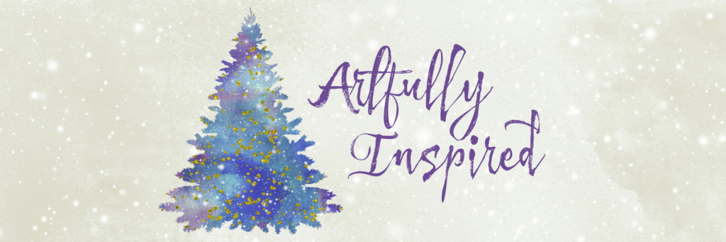 A glittering background with a painted evergreen tree next to the words "Artfully Inspired"