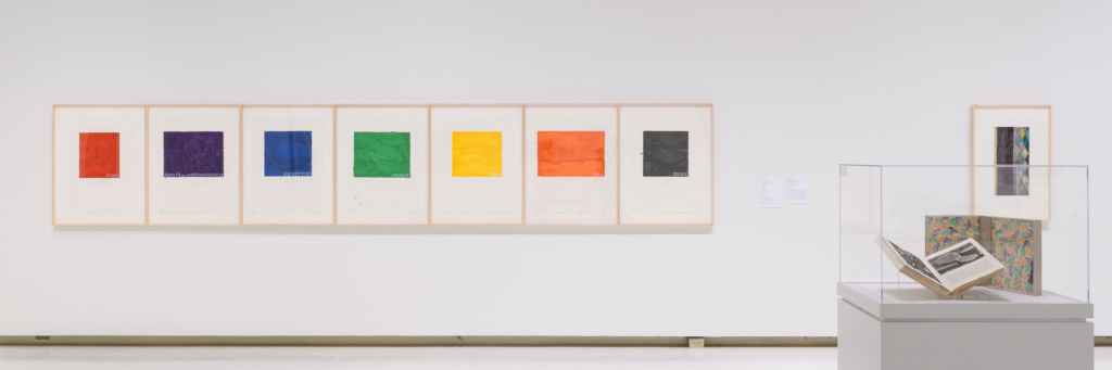Gallery view of seven colorful prints by Jasper Johns in each color of the rainbow, next to a glass case showing a few books.