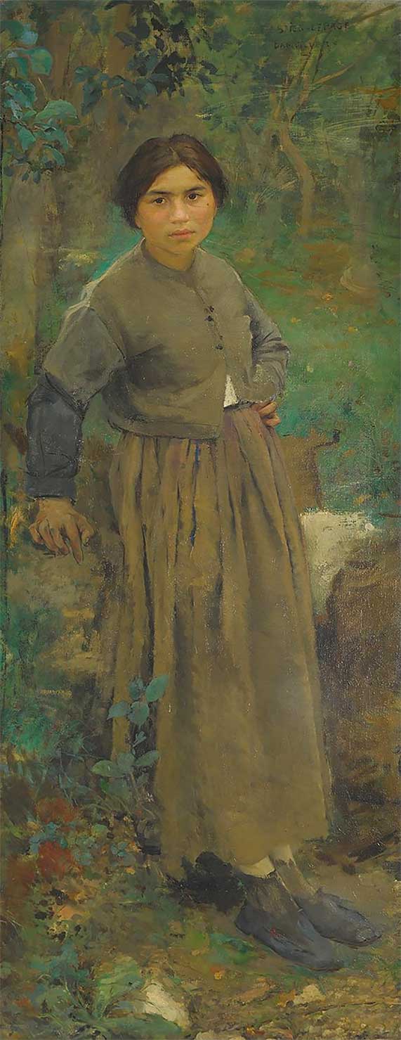 Painting of a woman leaning against a large rock on a hillside