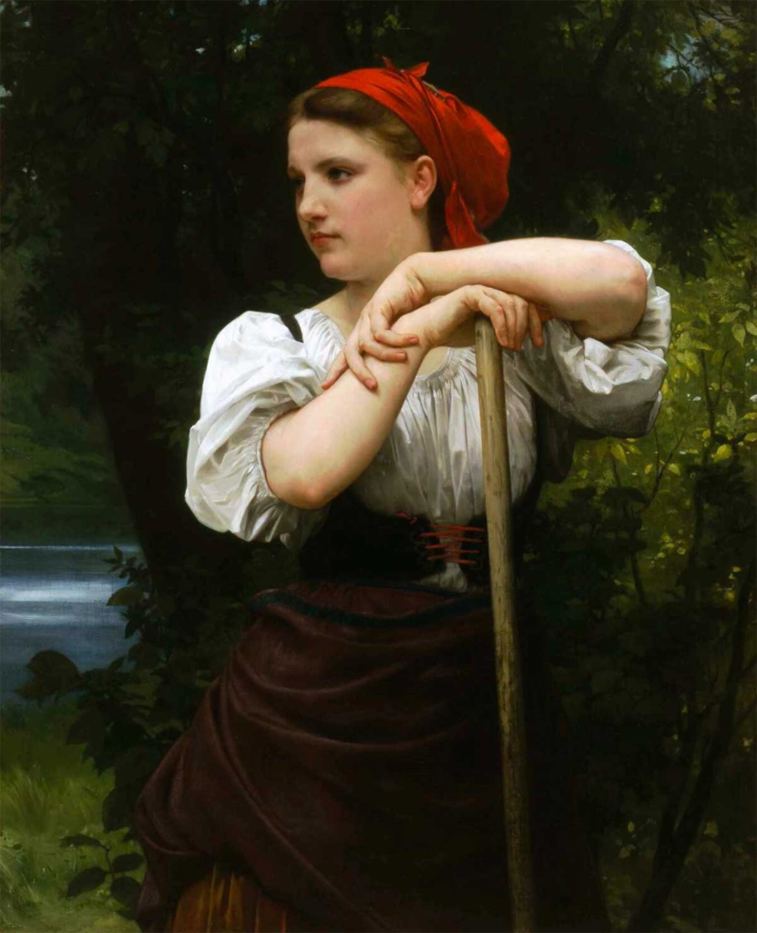 Painting depicting young woman taking a break with hands resting on top end of a pitch-fork