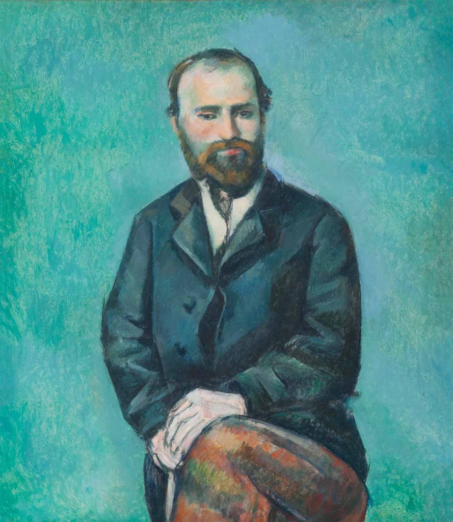 Painting of a bearded man with hands folded and resting on his knee