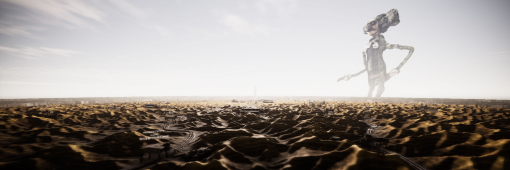 A spindly figure walks across a strange, barren landscape.