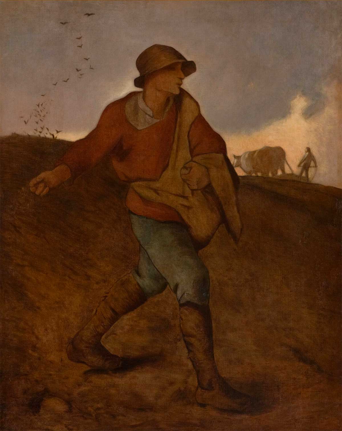 Painting of a person slinging seeds from a bag while striding down a hill