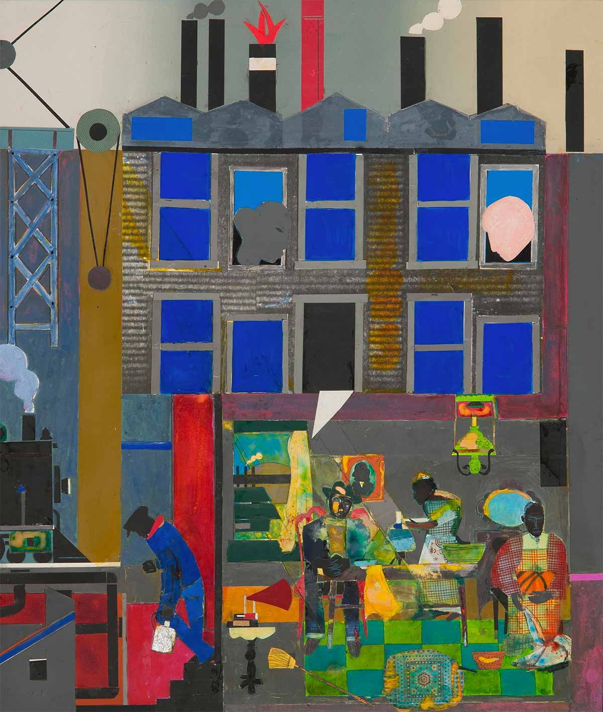 Collage depicting abstract city scape with figures and smoke stacks