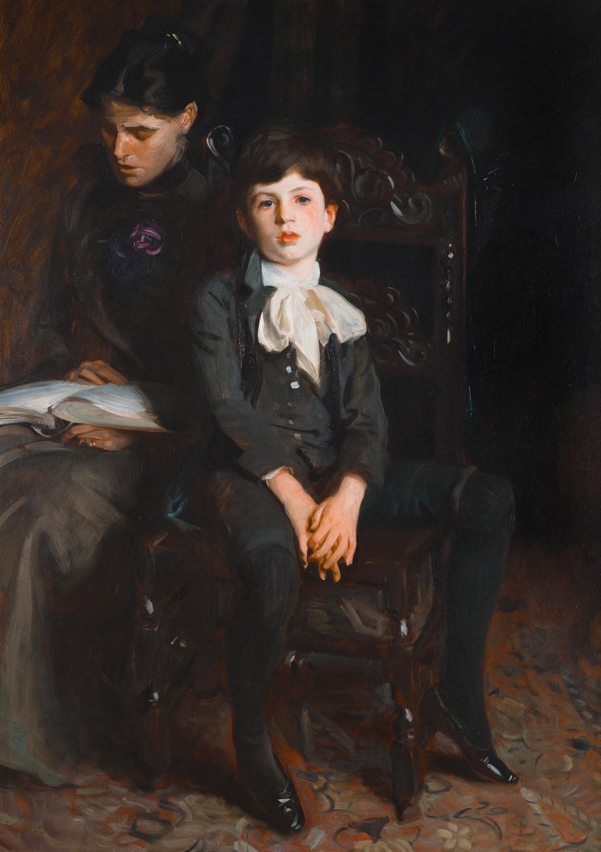 Painting of a young boy fancily dressed, sitting in a chair beside a woman reading