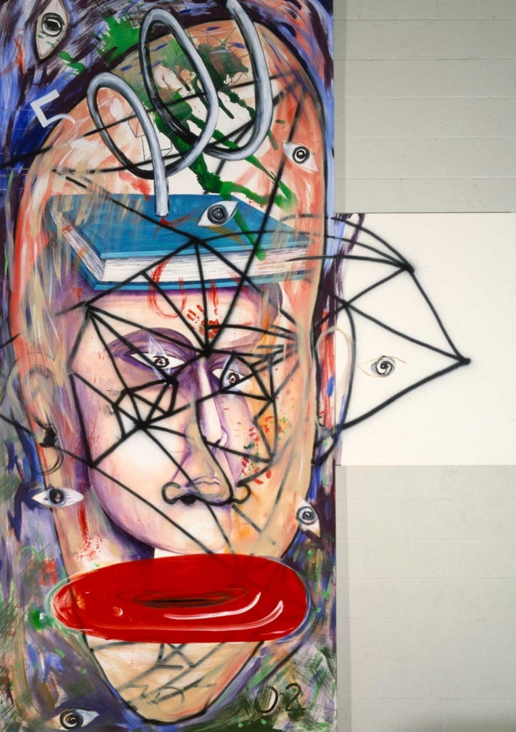 Painting of human face covered with a network of lines, shapes, and other forms