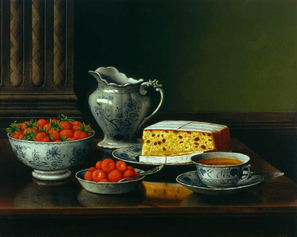 Still life painting with pitcher, bowls of strawberries, and plate of cheese