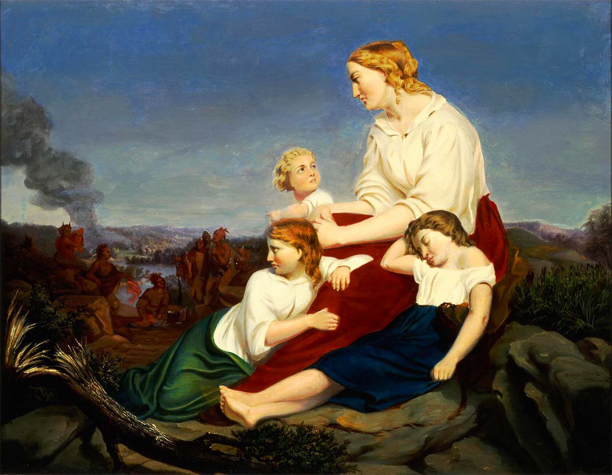 Painting of family gathered on hilltop with smoking ruins in the background