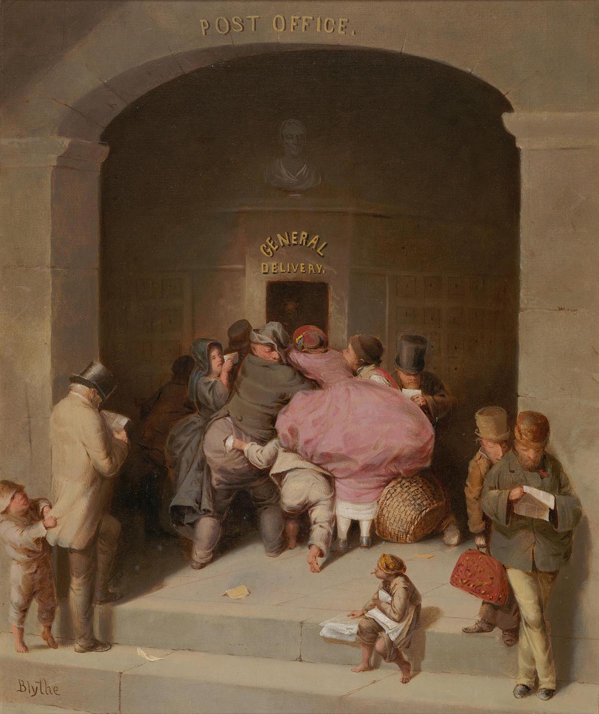 Eight people from the 1800s–men, women, and children–crowd around a Post Office door. Off to the right and left of the door, men are standing on the steps reading while young children attempt to get their attention to sell them newspapers. 
