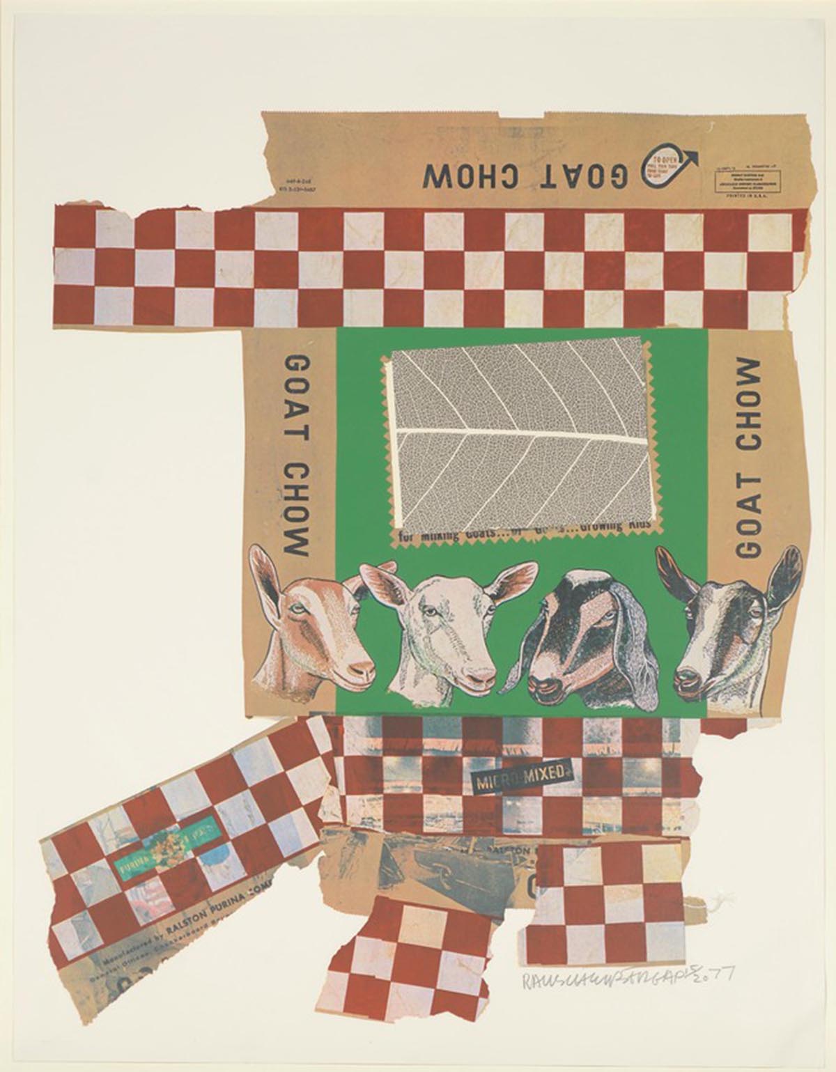 Packaging for Goat Chow is featured in a screen-printed artwork. The packaging is torn open and covered with checkered tape and illustrations of four goats. 