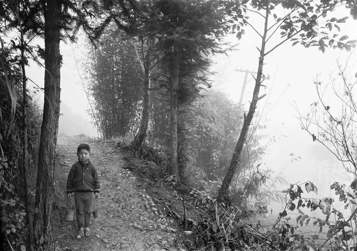 A small child stands on a dusty path among trees