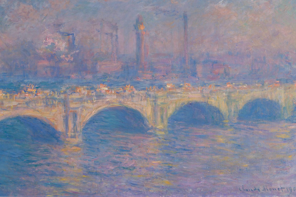 A hazy, pastel painting of a bridge stretching across a river with industrial smokestacks in the background