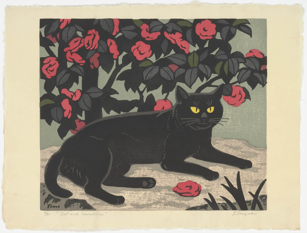 A black cat lies under a flowering camellia bush. 