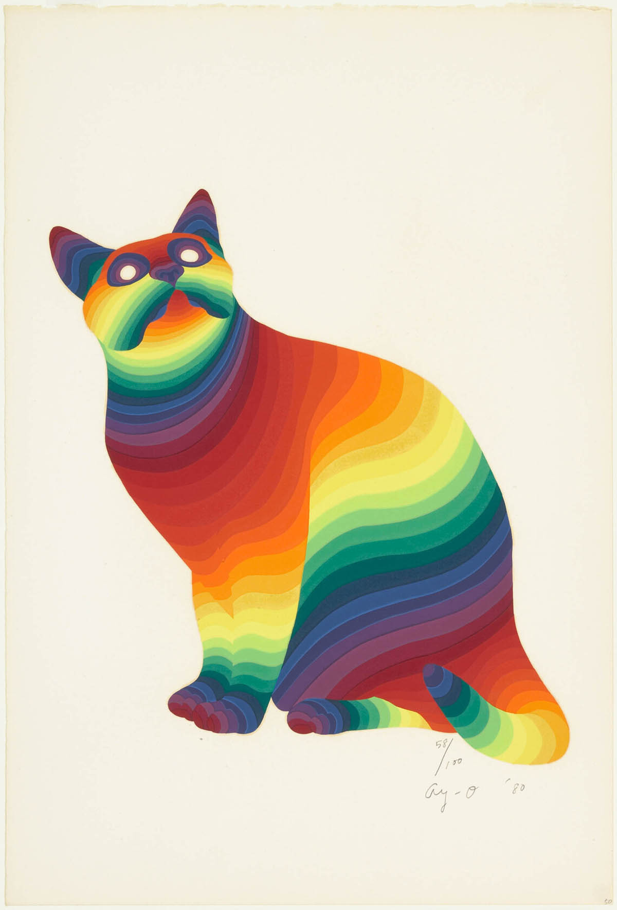 A seated cat looks up at a point just above the viewer. The cat is covered in rainbow-colored stripes and appears against a plain background.