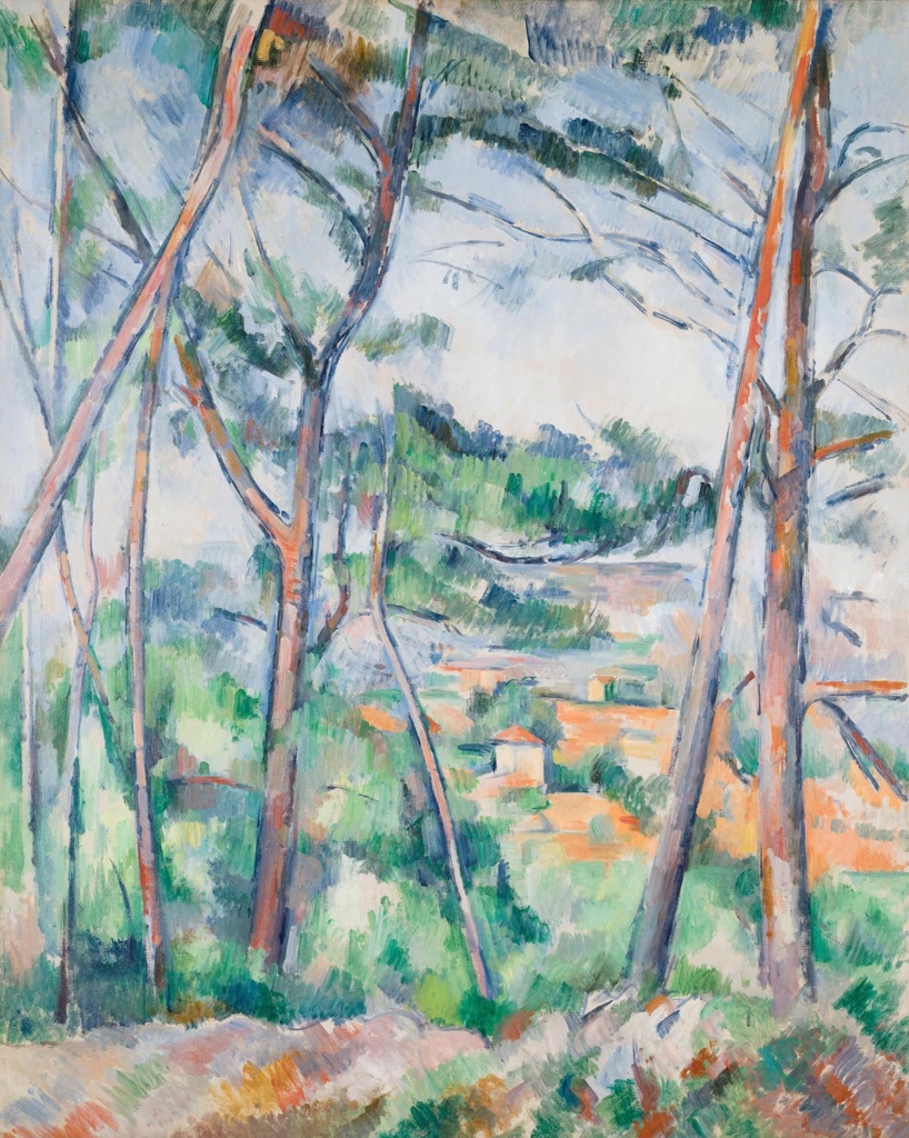 Trees stand on uneven terrain in the foreground of this painting while the rooftops of a small village appear down the hill in the distance.