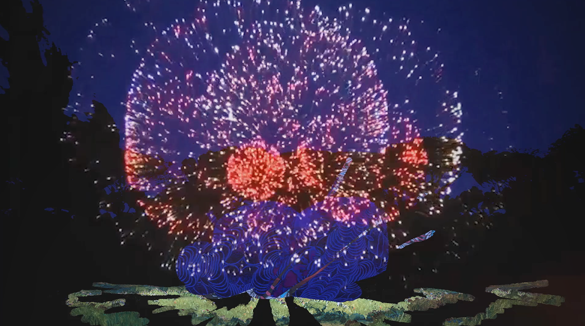 Fireworks burst over a dark forest scene.