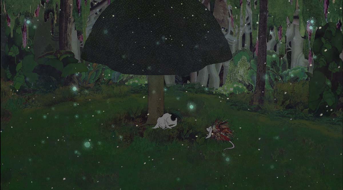 A small, furry creature is curled up sleeping under a tree while another spikey creature watches it sleep.