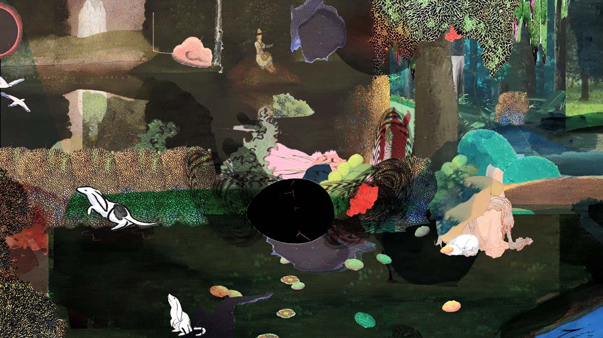 A collage setting depicts a dark forest and a small animated creature is running through the forest.